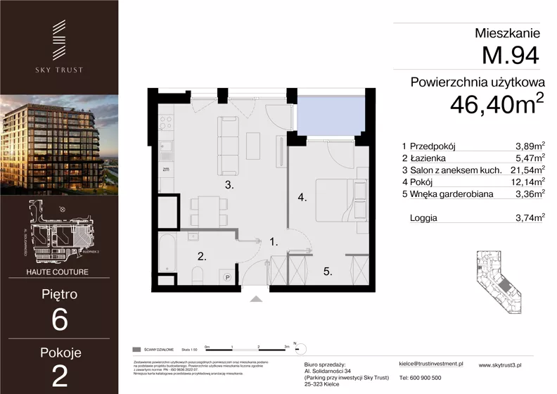 2 pokoje, mieszkanie 46,40 m², piętro 6, oferta nr M.94, Sky Trust III, Kielce, Bocianek, al. Solidarności 32 B