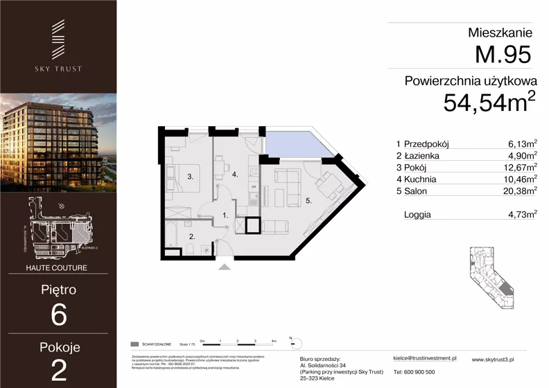 2 pokoje, mieszkanie 54,54 m², piętro 6, oferta nr M.95, Sky Trust III, Kielce, Bocianek, al. Solidarności 32 B