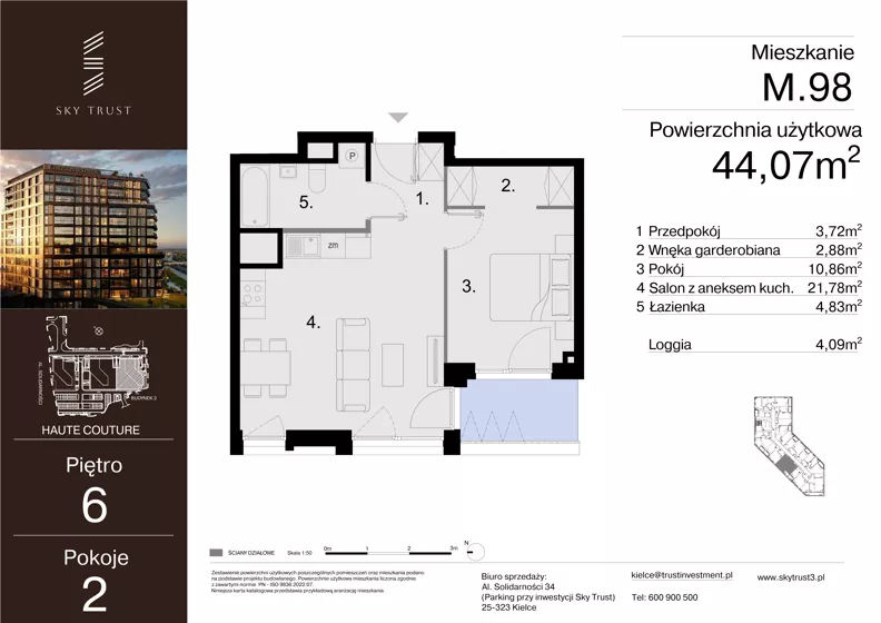 2 pokoje, mieszkanie 44,07 m², piętro 6, oferta nr M.98, Sky Trust III, Kielce, Bocianek, al. Solidarności 32 B
