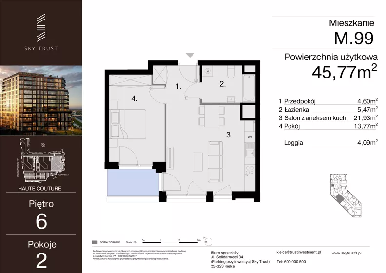 2 pokoje, mieszkanie 45,77 m², piętro 6, oferta nr M.99, Sky Trust III, Kielce, Bocianek, al. Solidarności 32 B
