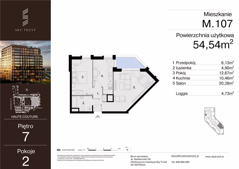 2 pokoje, mieszkanie 54,54 m², piętro 7, oferta nr M.107, Sky Trust III, Kielce, Bocianek, al. Solidarności 32 B