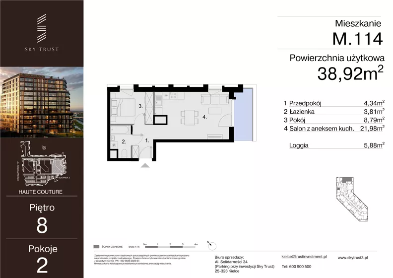 2 pokoje, mieszkanie 38,92 m², piętro 8, oferta nr M.114, Sky Trust III, Kielce, Bocianek, al. Solidarności 32 B