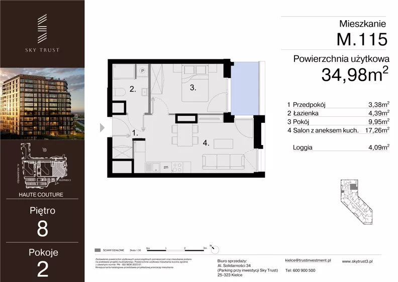 2 pokoje, mieszkanie 34,98 m², piętro 8, oferta nr M.115, Sky Trust III, Kielce, Bocianek, al. Solidarności 32 B