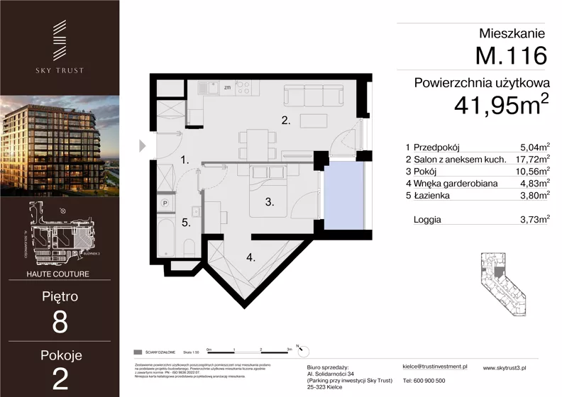 2 pokoje, mieszkanie 41,95 m², piętro 8, oferta nr M.116, Sky Trust III, Kielce, Bocianek, al. Solidarności 32 B