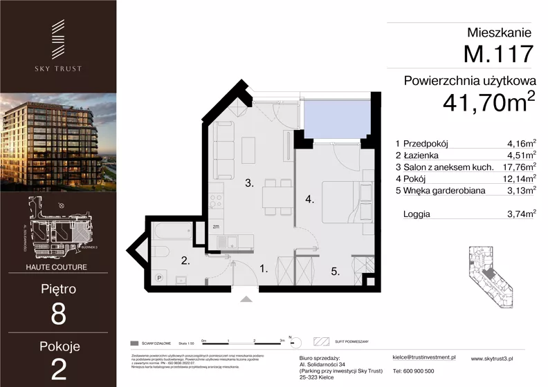 2 pokoje, mieszkanie 41,70 m², piętro 8, oferta nr M.117, Sky Trust III, Kielce, Bocianek, al. Solidarności 32 B
