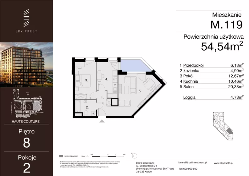 2 pokoje, mieszkanie 54,54 m², piętro 8, oferta nr M.119, Sky Trust III, Kielce, Bocianek, al. Solidarności 32 B