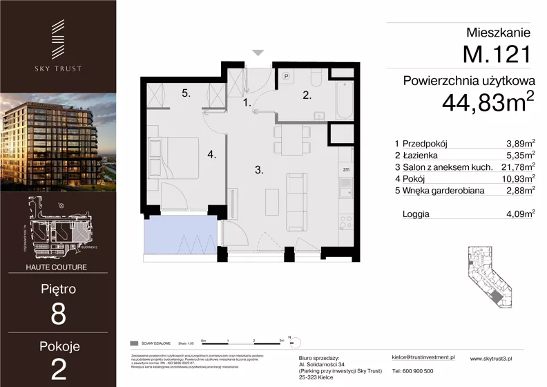 2 pokoje, mieszkanie 44,83 m², piętro 8, oferta nr M.121, Sky Trust III, Kielce, Bocianek, al. Solidarności 32 B