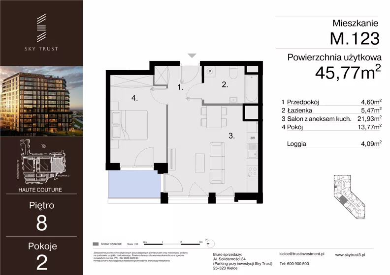 2 pokoje, mieszkanie 45,77 m², piętro 8, oferta nr M.123, Sky Trust III, Kielce, Bocianek, al. Solidarności 32 B