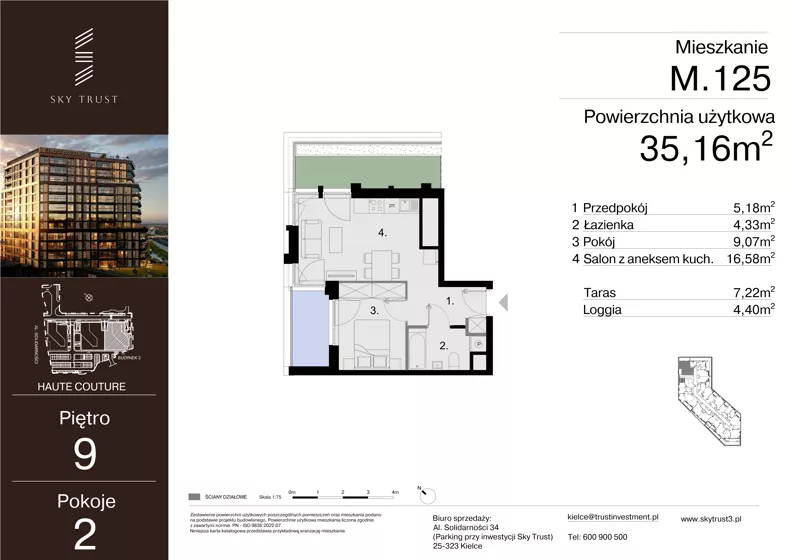 2 pokoje, mieszkanie 35,16 m², piętro 9, oferta nr M.125, Sky Trust III, Kielce, Bocianek, al. Solidarności 32 B