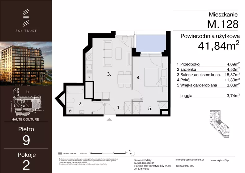 2 pokoje, mieszkanie 41,84 m², piętro 9, oferta nr M.128, Sky Trust III, Kielce, Bocianek, al. Solidarności 32 B