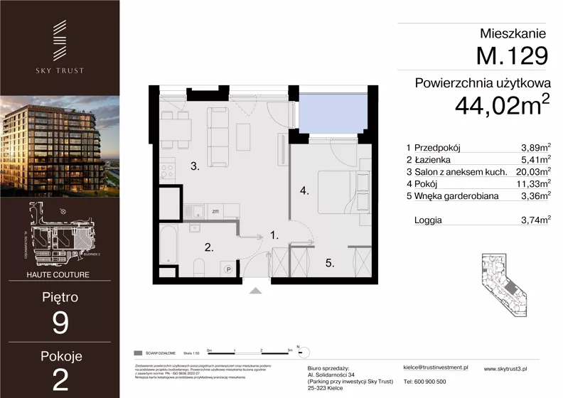 2 pokoje, mieszkanie 44,02 m², piętro 9, oferta nr M.129, Sky Trust III, Kielce, Bocianek, al. Solidarności 32 B