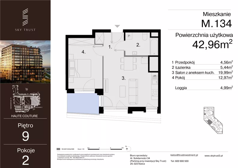 2 pokoje, mieszkanie 42,96 m², piętro 9, oferta nr M.134, Sky Trust III, Kielce, Bocianek, al. Solidarności 32 B