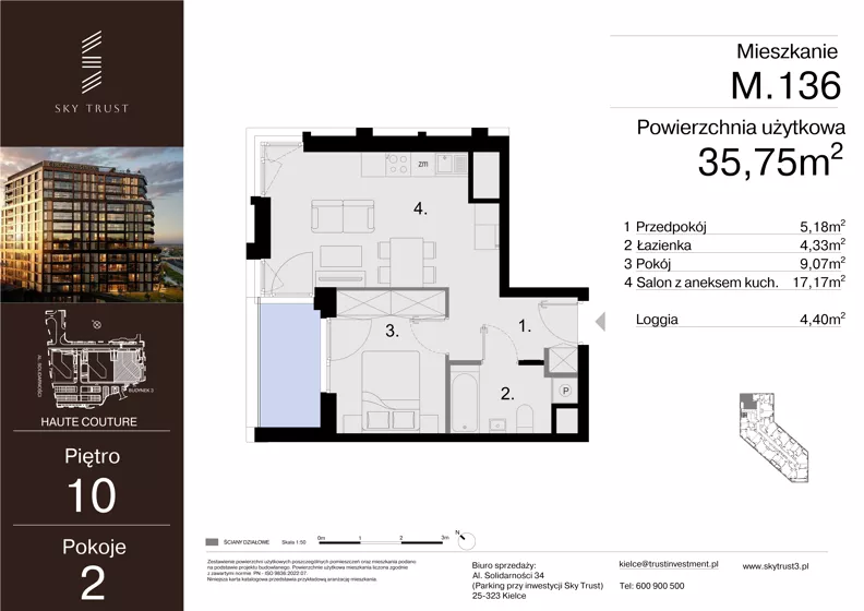 2 pokoje, mieszkanie 35,75 m², piętro 10, oferta nr M.136, Sky Trust III, Kielce, Bocianek, al. Solidarności 32 B