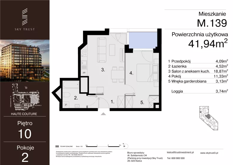2 pokoje, mieszkanie 41,94 m², piętro 10, oferta nr M.139, Sky Trust III, Kielce, Bocianek, al. Solidarności 32 B