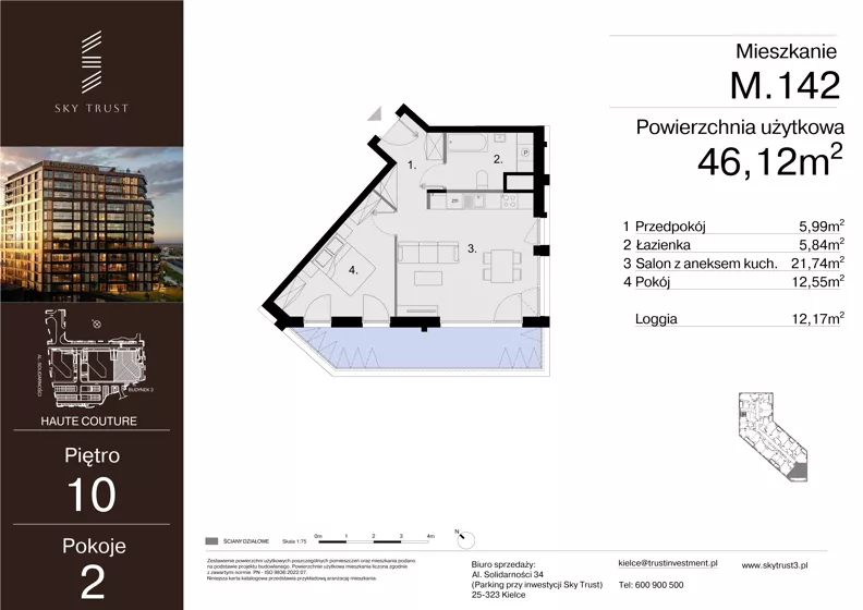 2 pokoje, mieszkanie 46,12 m², piętro 10, oferta nr M.142, Sky Trust III, Kielce, Bocianek, al. Solidarności 32 B