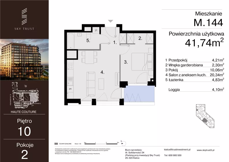 2 pokoje, mieszkanie 41,74 m², piętro 10, oferta nr M.144, Sky Trust III, Kielce, Bocianek, al. Solidarności 32 B