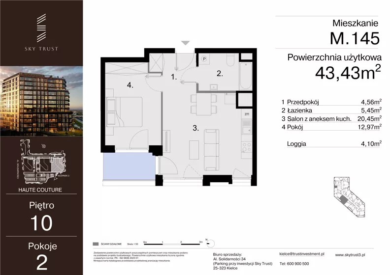 2 pokoje, mieszkanie 43,43 m², piętro 10, oferta nr M.145, Sky Trust III, Kielce, Bocianek, al. Solidarności 32 B