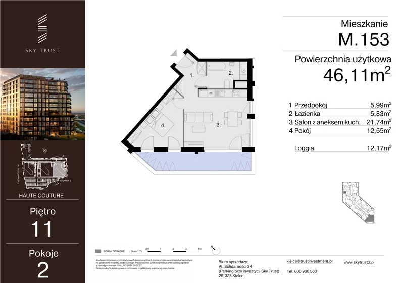 2 pokoje, mieszkanie 46,11 m², piętro 11, oferta nr M.153, Sky Trust III, Kielce, Bocianek, al. Solidarności 32 B