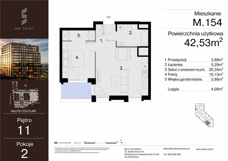 2 pokoje, mieszkanie 42,53 m², piętro 11, oferta nr M.154, Sky Trust III, Kielce, Bocianek, al. Solidarności 32 B