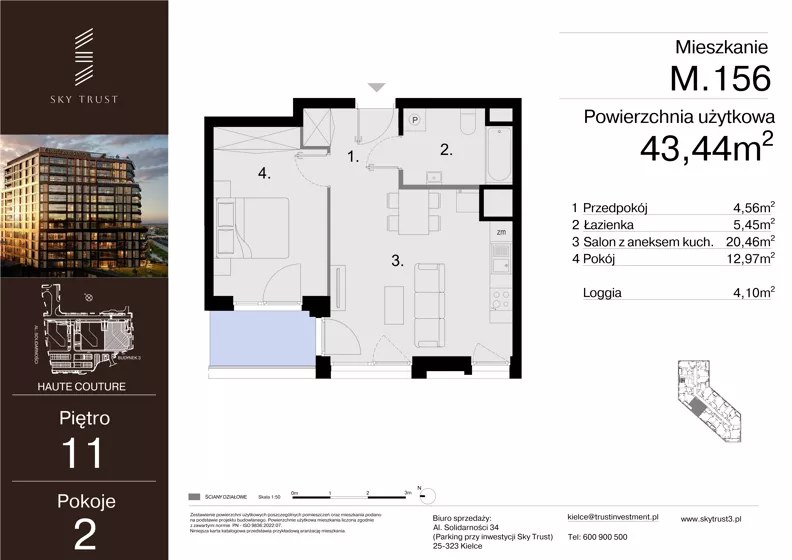 2 pokoje, mieszkanie 43,44 m², piętro 11, oferta nr M.156, Sky Trust III, Kielce, Bocianek, al. Solidarności 32 B