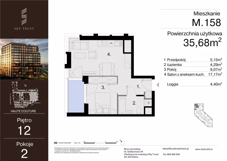 2 pokoje, mieszkanie 35,68 m², piętro 12, oferta nr M.158, Sky Trust III, Kielce, Bocianek, al. Solidarności 32 B