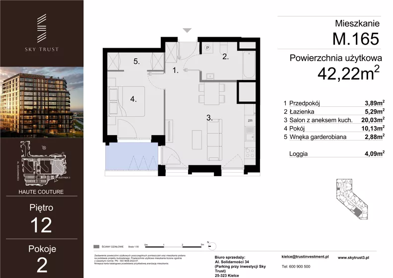 2 pokoje, mieszkanie 42,22 m², piętro 12, oferta nr M.165, Sky Trust III, Kielce, Bocianek, al. Solidarności 32 B