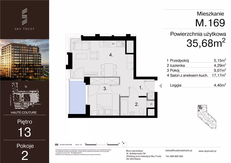 2 pokoje, mieszkanie 35,68 m², piętro 13, oferta nr M.169, Sky Trust III, Kielce, Bocianek, al. Solidarności 32 B