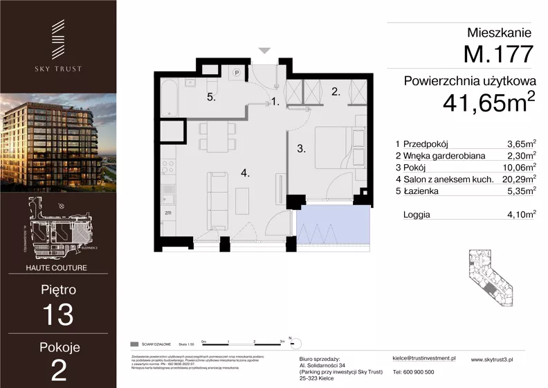 2 pokoje, mieszkanie 41,65 m², piętro 13, oferta nr M.177, Sky Trust III, Kielce, Bocianek, al. Solidarności 32 B
