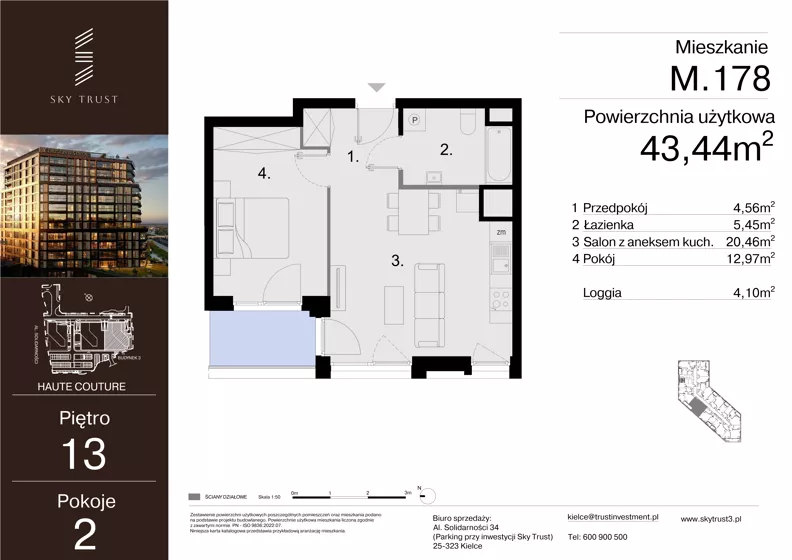 2 pokoje, mieszkanie 43,44 m², piętro 13, oferta nr M.178, Sky Trust III, Kielce, Bocianek, al. Solidarności 32 B