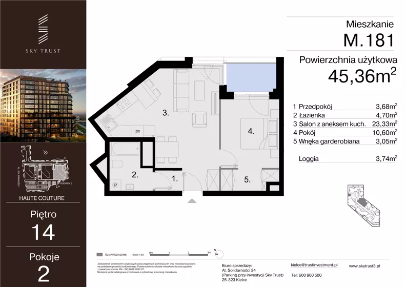2 pokoje, mieszkanie 45,36 m², piętro 14, oferta nr M.181, Sky Trust III, Kielce, Bocianek, al. Solidarności 32 B