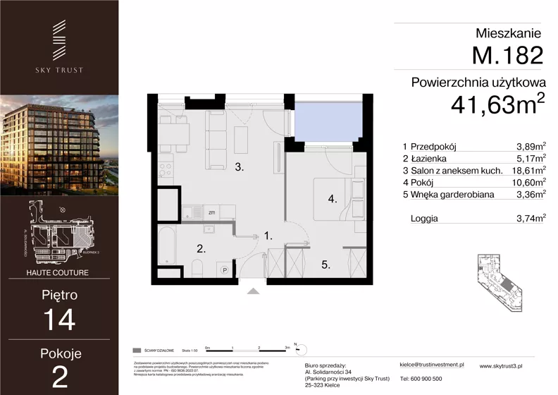 2 pokoje, mieszkanie 41,63 m², piętro 14, oferta nr M.182, Sky Trust III, Kielce, Bocianek, al. Solidarności 32 B
