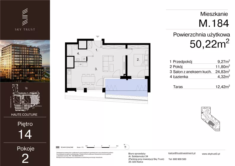 2 pokoje, mieszkanie 50,22 m², piętro 14, oferta nr M.184, Sky Trust III, Kielce, Bocianek, al. Solidarności 32 B