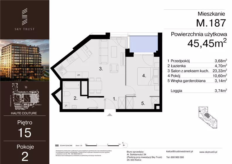 2 pokoje, mieszkanie 45,45 m², piętro 15, oferta nr M.187, Sky Trust III, Kielce, Bocianek, al. Solidarności 32 B