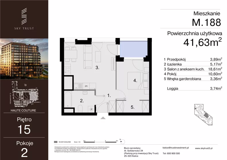 2 pokoje, mieszkanie 41,63 m², piętro 15, oferta nr M.188, Sky Trust III, Kielce, Bocianek, al. Solidarności 32 B