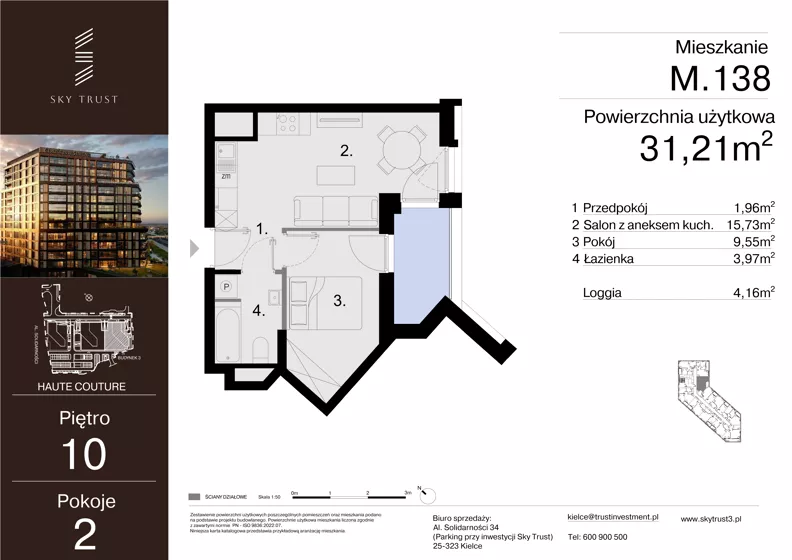 2 pokoje, mieszkanie 31,21 m², piętro 10, oferta nr M.138, Sky Trust III, Kielce, Bocianek, al. Solidarności 32 B
