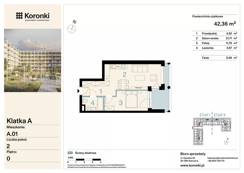 2 pokoje, mieszkanie 42,36 m², parter, oferta nr A.01, Koronki Apartamenty Korfantego, Katowice, Wełnowiec-Józefowiec, al. Wojciecha Korfantego 125a