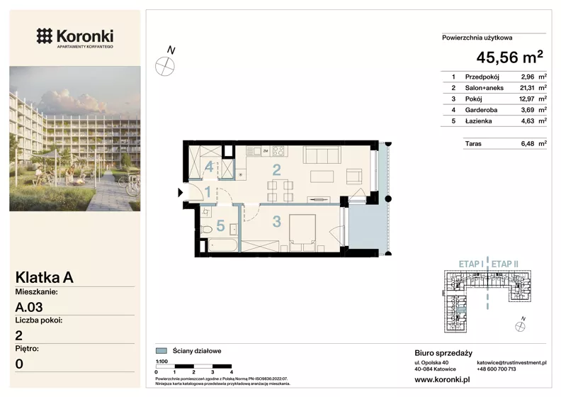 2 pokoje, mieszkanie 45,56 m², parter, oferta nr A.03, Koronki Apartamenty Korfantego, Katowice, Wełnowiec-Józefowiec, al. Wojciecha Korfantego 125a