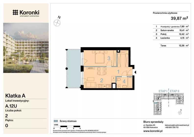 2 pokoje, lokal inwestycyjny 39,87 m², parter, oferta nr A.12U, Koronki Apartamenty Korfantego, Katowice, Wełnowiec-Józefowiec, al. Wojciecha Korfantego 125a