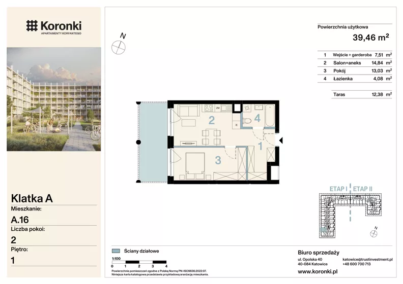 2 pokoje, mieszkanie 39,46 m², piętro 1, oferta nr A.16, Koronki Apartamenty Korfantego, Katowice, Wełnowiec-Józefowiec, al. Wojciecha Korfantego 125a