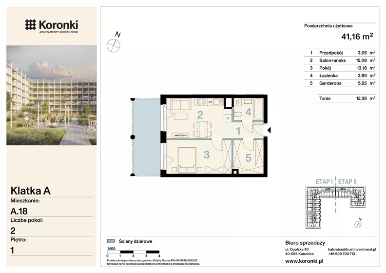 2 pokoje, mieszkanie 41,16 m², piętro 1, oferta nr A.18, Koronki Apartamenty Korfantego, Katowice, Wełnowiec-Józefowiec, al. Wojciecha Korfantego 125a