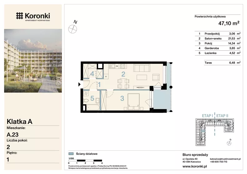 2 pokoje, mieszkanie 47,10 m², piętro 1, oferta nr A.23, Koronki Apartamenty Korfantego, Katowice, Wełnowiec-Józefowiec, al. Wojciecha Korfantego 125a