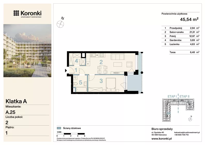 2 pokoje, mieszkanie 45,54 m², piętro 1, oferta nr A.25, Koronki Apartamenty Korfantego, Katowice, Wełnowiec-Józefowiec, al. Wojciecha Korfantego 125a