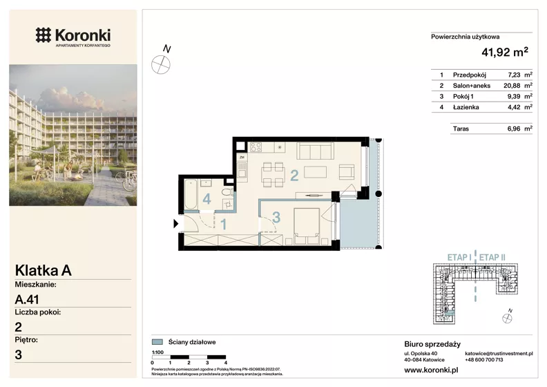 2 pokoje, mieszkanie 41,92 m², piętro 3, oferta nr A.41, Koronki Apartamenty Korfantego, Katowice, Wełnowiec-Józefowiec, al. Wojciecha Korfantego 125a