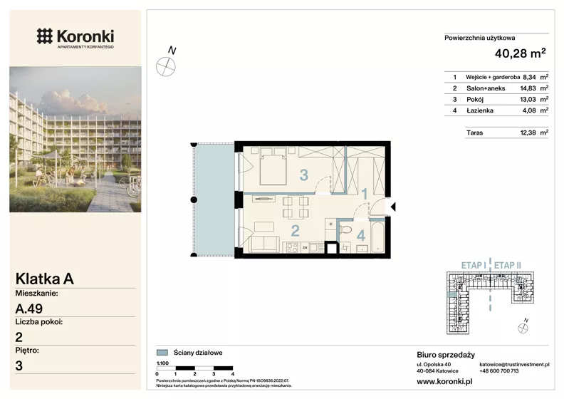 2 pokoje, mieszkanie 40,28 m², piętro 3, oferta nr A.49, Koronki Apartamenty Korfantego, Katowice, Wełnowiec-Józefowiec, al. Wojciecha Korfantego 125a