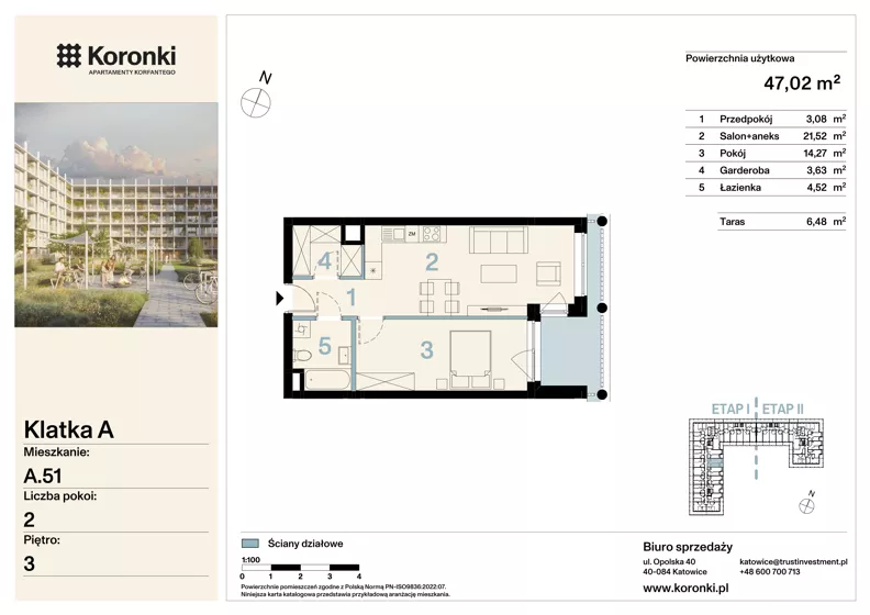 2 pokoje, mieszkanie 47,02 m², piętro 3, oferta nr A.51, Koronki Apartamenty Korfantego, Katowice, Wełnowiec-Józefowiec, al. Wojciecha Korfantego 125a