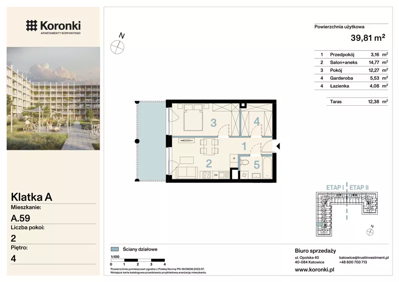 2 pokoje, mieszkanie 39,81 m², piętro 4, oferta nr A.59, Koronki Apartamenty Korfantego, Katowice, Wełnowiec-Józefowiec, al. Wojciecha Korfantego 125a