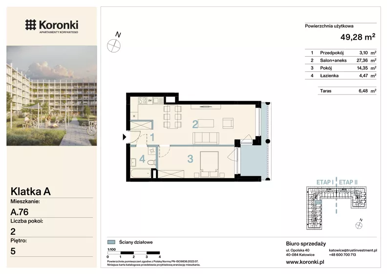 2 pokoje, mieszkanie 49,28 m², piętro 5, oferta nr A.76, Koronki Apartamenty Korfantego, Katowice, Wełnowiec-Józefowiec, al. Wojciecha Korfantego 125a