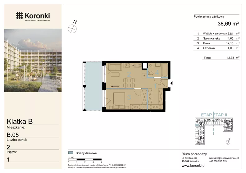 2 pokoje, mieszkanie 38,69 m², piętro 1, oferta nr B.05, Koronki Apartamenty Korfantego, Katowice, Wełnowiec-Józefowiec, al. Wojciecha Korfantego 125a