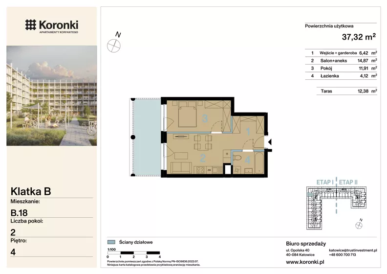 2 pokoje, mieszkanie 37,32 m², piętro 4, oferta nr B.18, Koronki Apartamenty Korfantego, Katowice, Wełnowiec-Józefowiec, al. Wojciecha Korfantego 125a