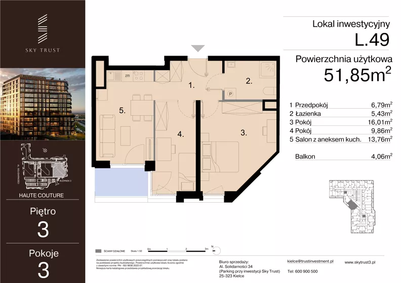 3 pokoje, lokal inwestycyjny 51,85 m², piętro 3, oferta nr L.49, Sky Trust III - lokale inwestycyjne, Kielce, Bocianek, al. Solidarności 32 B